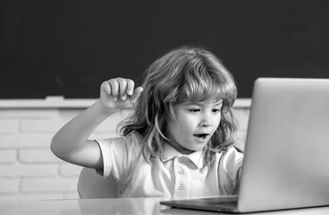 School child using digital pc laptop in class. Portrait of funny pupil of 写真素材