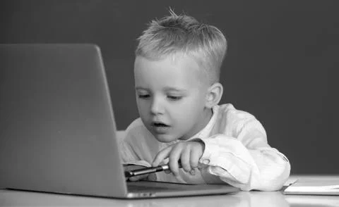 School child using digital pc laptop in class. Portrait of funny pupil of Stock Photos