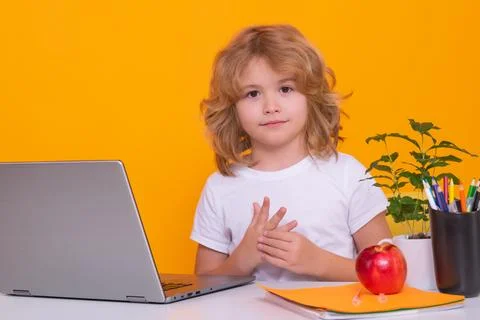 School child using laptop computer. Smart caucasian school boy kid pupil student Stock Photos