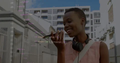 In school, child using smartphone with animation of coding text overlay Stock Footage 305836666