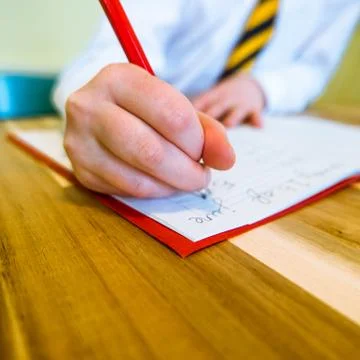 School Child Writes in Notebook Stock Photos