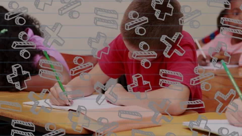 In school, child writing at desk, math symbols and animation overlaying scene Stock Footage 304762049