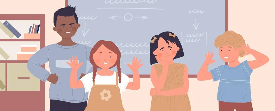 School children bully class mate in classroom, kids aggression to friends Stock Illustration