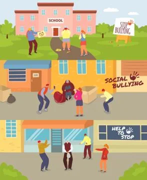 School children bullying vector illustration set, cartoon angry teenagers Stock Illustration