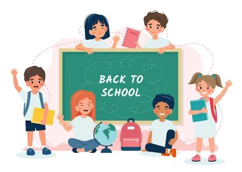 School children in class with a blackboard, back to school concept, cute Illustration