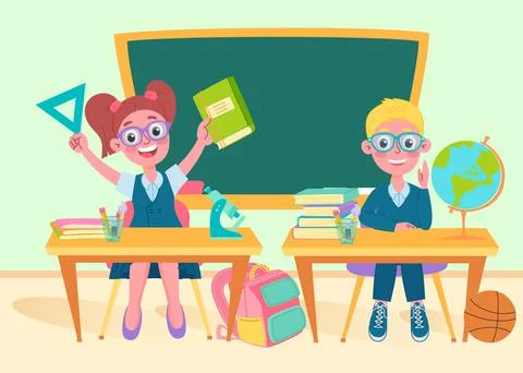 School children in class with a blackboard, back to school concept, cute char Illustrazione stock