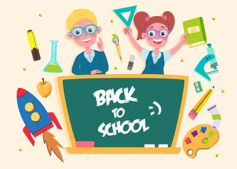 School children in class with a blackboard, back to school concept, cute char Stock Illustration