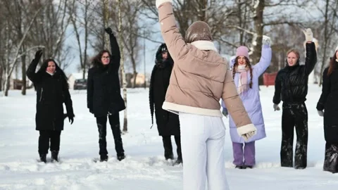 School children do physical activity on a winter day. Video stock 267392107