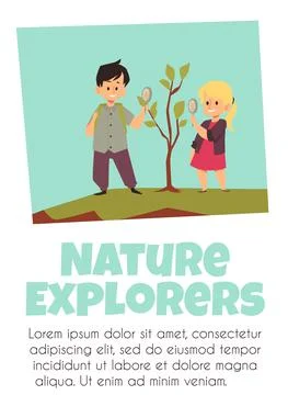 School children explore tree through magnifying glass on nature expedition Illustrazione stock