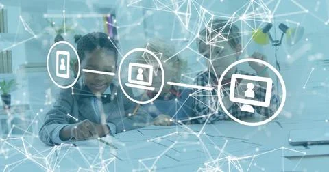 In school, children exploring digital interfaces, learning technology concepts Stock Illustration