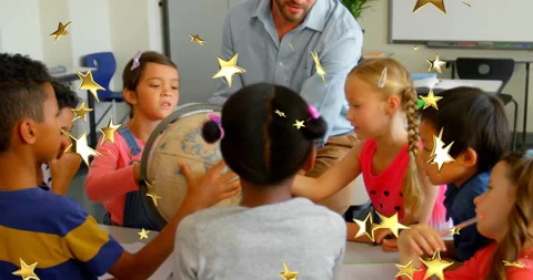 In school, children exploring globe with teacher, surrounded by animation of Video stock 305689575