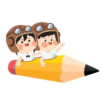 School children flying pencil for creative education and learning concept Stockillustratie