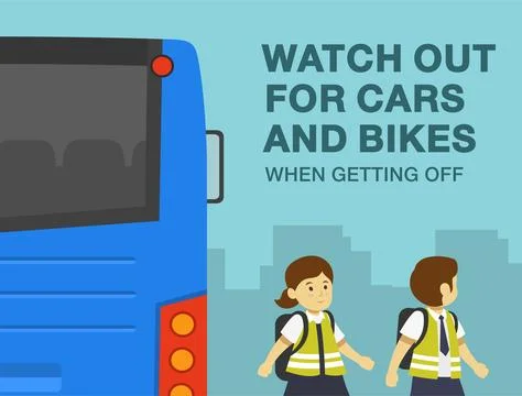 School children getting off the bus at bus stop. Watch out for cars and bikes. Ilustração Stock