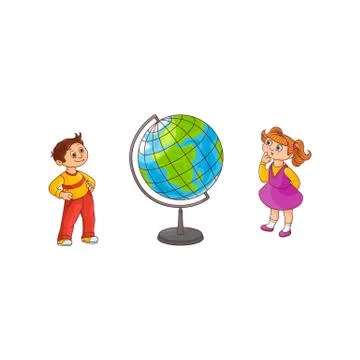 School children with globe sphere map isolated on white background. Stock Illustration