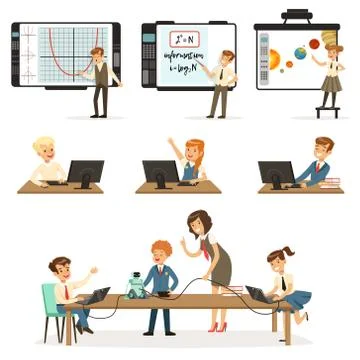 School children at the informatics and programming lesson set, kids working on Stock Illustration