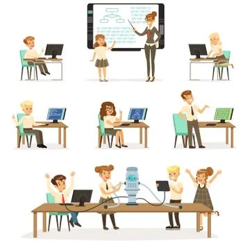 School children at the informatics and programming lesson set, teacher giving Stock Illustration