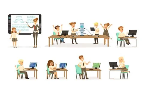 School children at the informatics and programming lesson set, teacher giving Stock Illustration