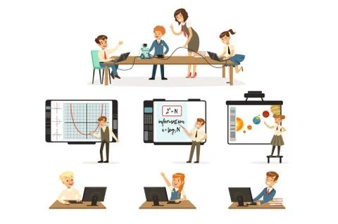 School children at the informatics and programming lesson set, kids working on Stock Illustration