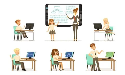 School Children at Informatics or Programming Lesson Collection, Students Stock Illustration
