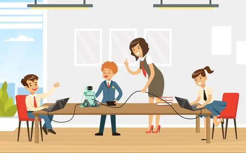 School Children at Informatics or Programming Lesson with Teacher Vector Stock Illustration