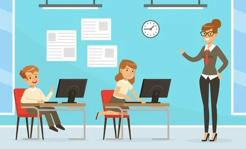 School Children at Informatics or Programming Lesson with Teacher Vector 스톡 일러스트