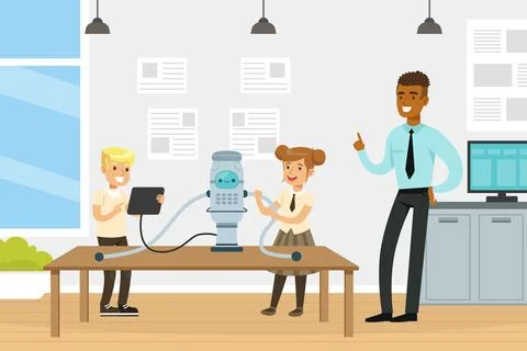 School Children at Informatics or Programming Lesson with Teacher Vector 스톡 일러스트