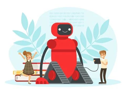School Children at Informatics or Programming Lesson with Robot Vector 스톡 일러스트
