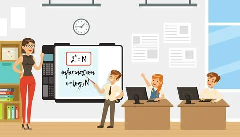 School Children at Informatics or Programming Lesson with Teacher Vector Stock Illustration
