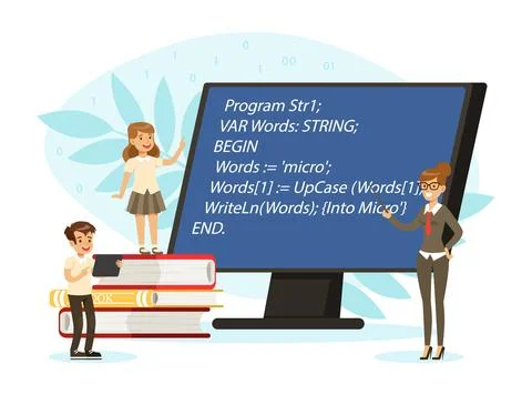 School Children at Informatics or Programming Lesson with Teacher Vector 스톡 일러스트