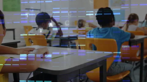 In school, children observing DNA sequence animation overlay in classroom Video stock 303527786