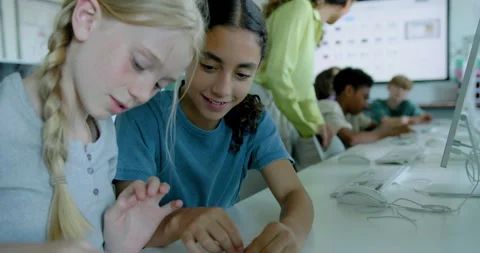 School Children in STEM Computer Classroom Looking at Motherboard Technology Stock Footage 286049336
