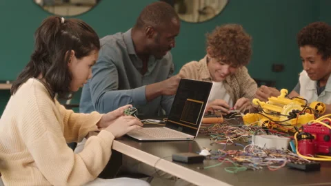 School Children at Technology and Electronics Class Stock Footage 204896196