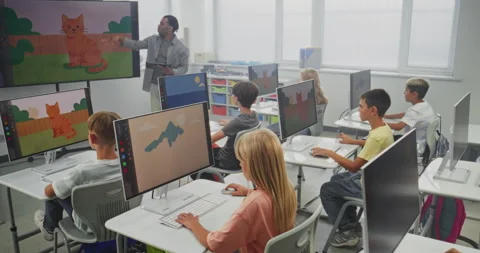 School Children Using Computers, Creating Digital Illustrations. Teacher Stock Footage 316292188