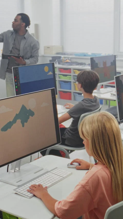 School Children Using Computers, Creating Digital Illustrations. Teacher Stock Footage 317162807