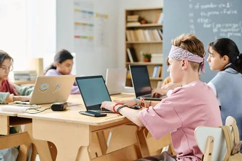 School children using computers at lesson Foto stock