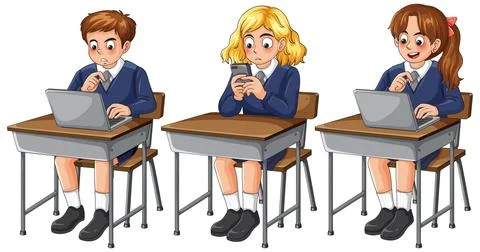 School Children Using Laptops and Smartphone in Classroom Stock Illustration