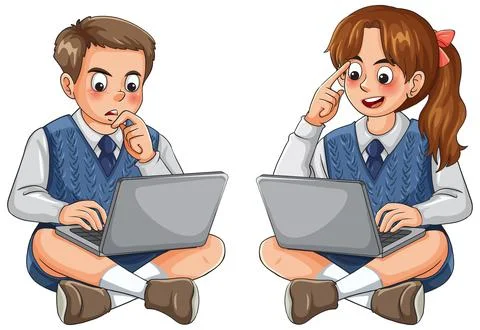 School Children Using Laptops for Online Learning Illustrazione stock