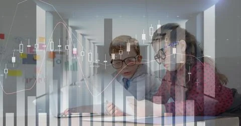 In school, children using tablets, analyzing digital graphs, learning tech 스톡 일러스트