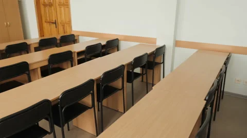 School Class, Empty. Blackboard, Desks And Chairs Stock Footage 194292522