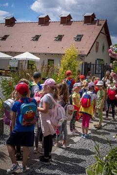 A school class on excursion. Stock Photos