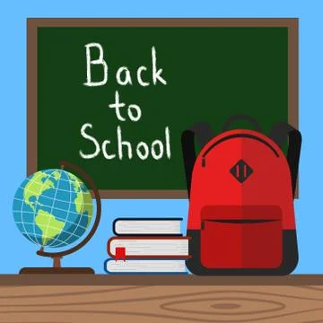 School class room. School bag, blackboard. Vector. Ilustración de archivo