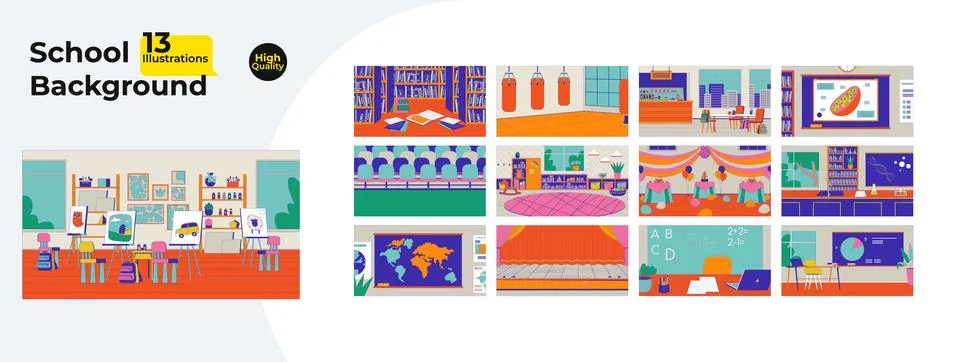 School classroom and learning backgrounds cartoon flat illustrations mega bundle Illustrazione stock