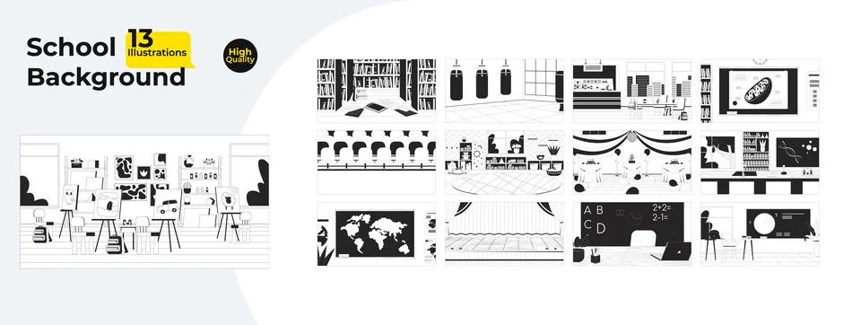 School classroom and learning backgrounds outline illustrations mega bundle Illustrazione stock