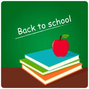 School classroom background with green board, books and an apple. Stock Illustration