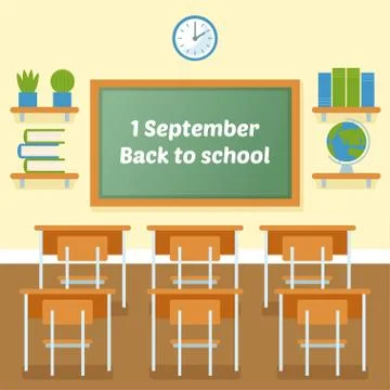 School classroom with chalkboard vector flat illustration. Stock Illustration