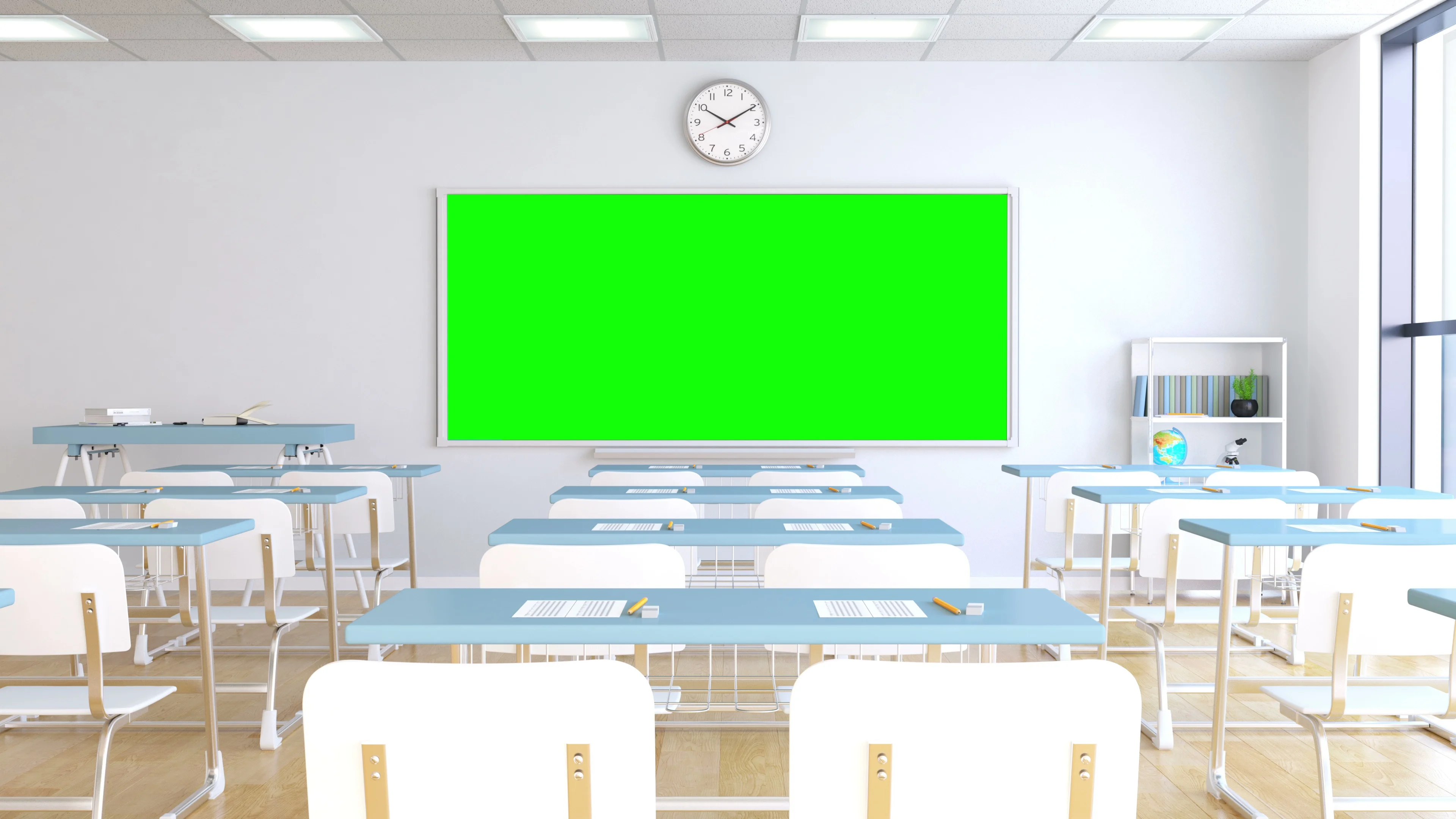 Classroom Backdrop Desks And Green Chalkboard Background - 6741