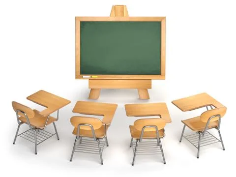 School classroom. Empty chalkboard and school desks isolated on white. Lesson Illustrazione stock