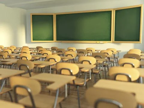 School classroom with empty school chairs and blackboard. Back to school conc Stock Illustration