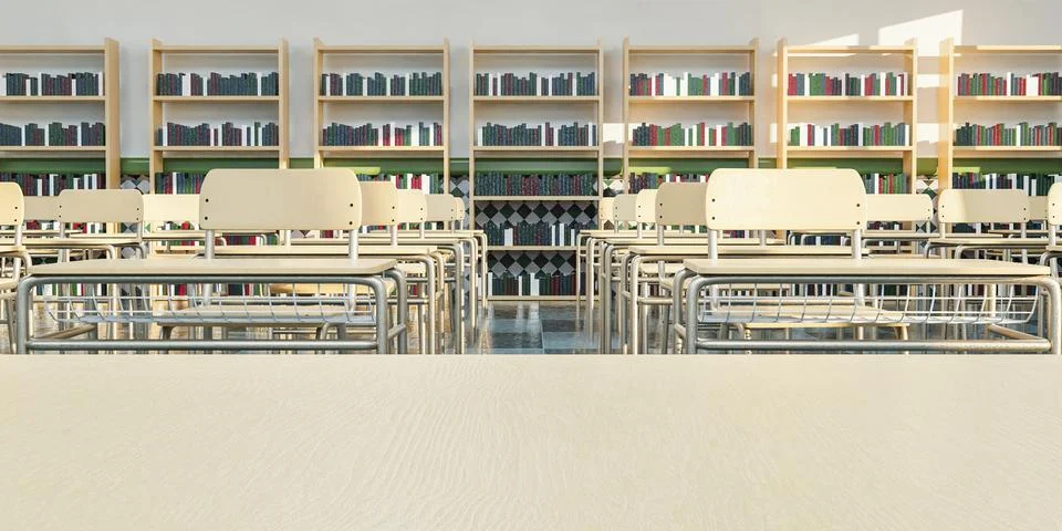 School classroom with empty teacher's table Stock Photos