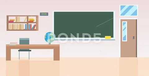 School classroom with furniture empty no people class room interior flat Stock Illustration